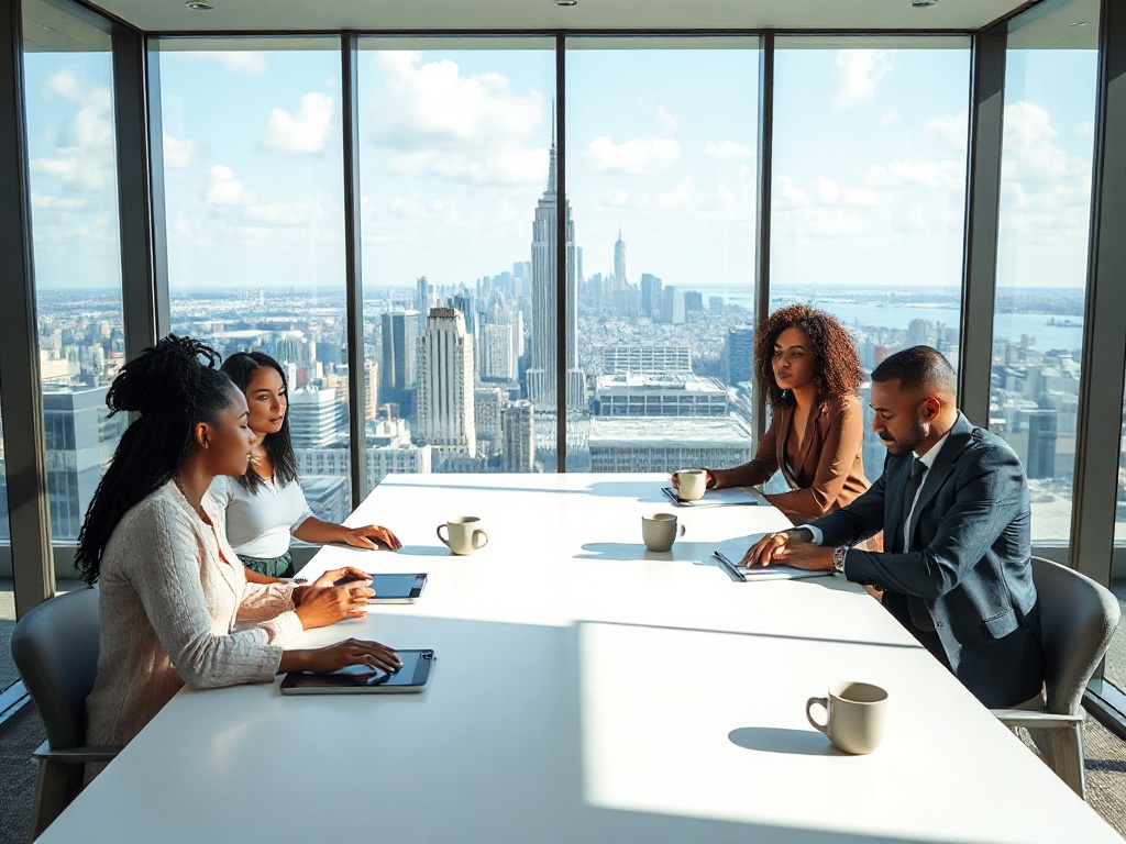 Diverse team of five professionals in a modern glass boardroom overlooking a city skyline. Natural light fills the room, casting soft shadows on a long white table with tablets and coffee cups. One person gestures while others listen attentively. Photorealistic, 8k, commercial photography.