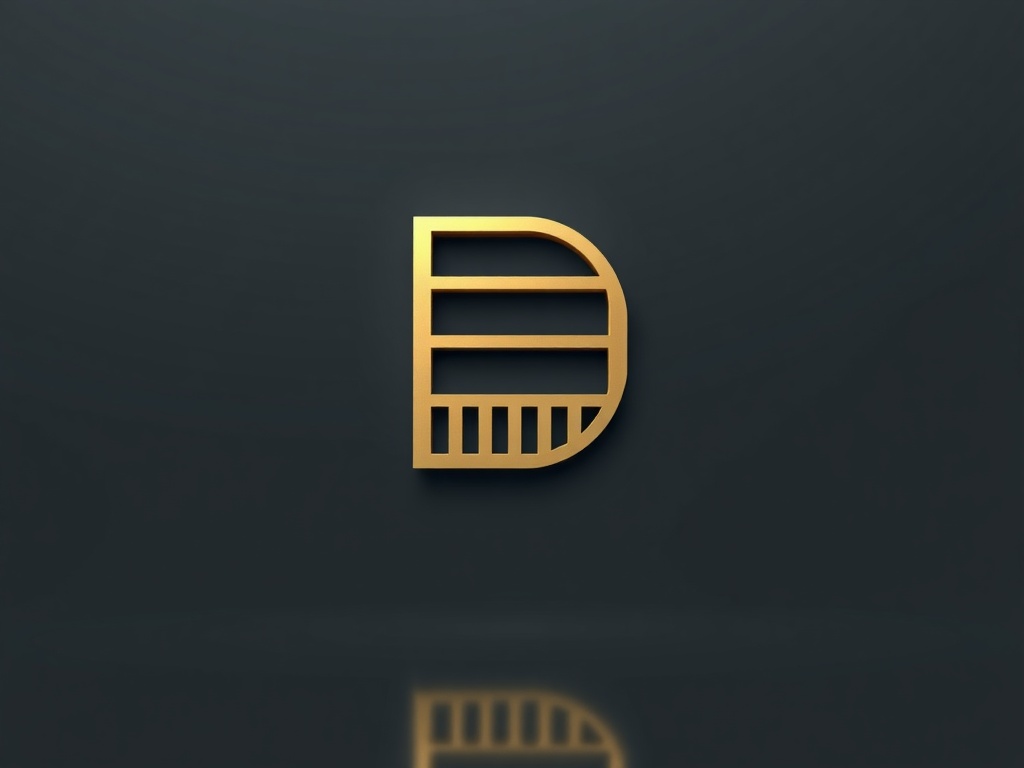 A minimalist logo mark: a stylized 'D' composed of vertical and horizontal lines resembling warehouse shelves, rendered in matte gold on a dark grey background. Soft studio lighting with a subtle reflection on a glossy surface. Photorealistic, 8k.