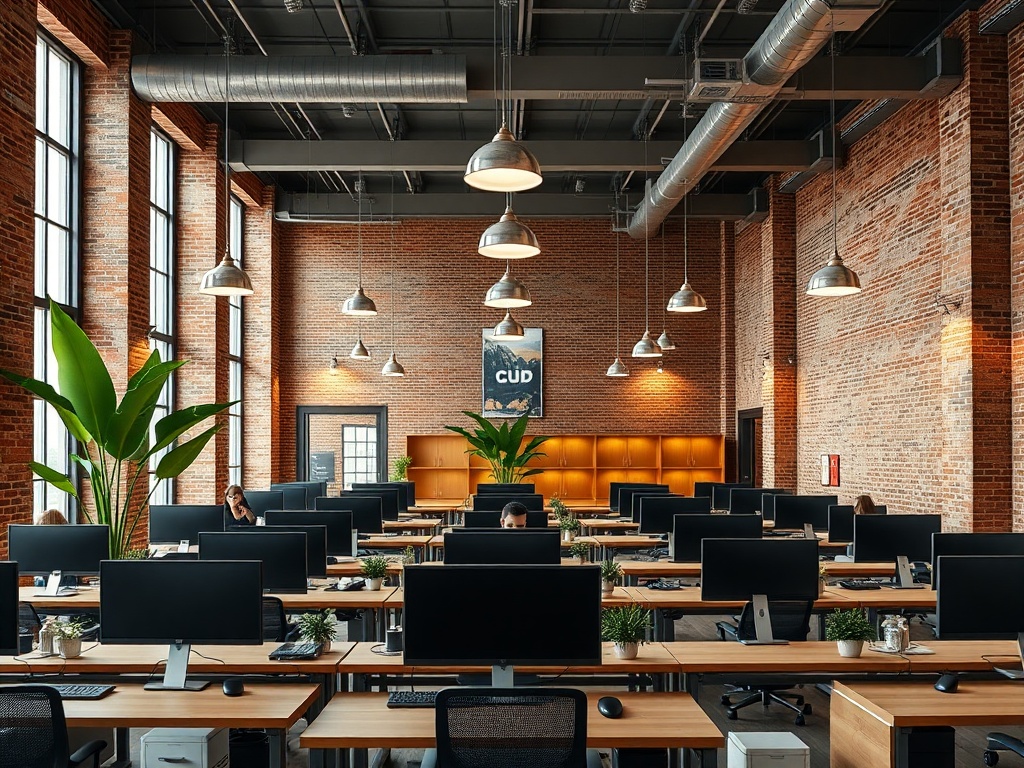 Wide shot of a modern open-plan office with exposed brick walls, hanging pendant lights, and modular wooden desks with monitors. A few large green plants in the corners. People working at desks, soft ambient lighting. Photorealistic, 8k.