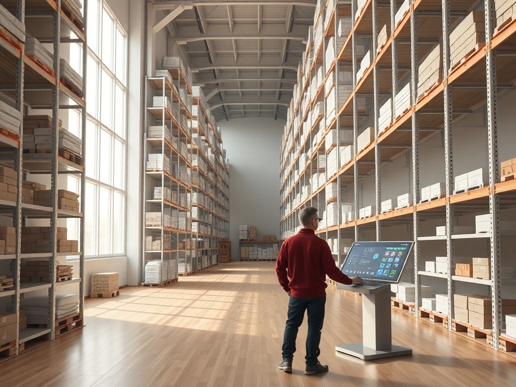 A minimalist Scandinavian inventory warehouse with towering white shelves, warm wooden floors, and soft natural light streaming through large windows. A single worker in a burgundy sweater stands near a glowing digital interface on a sleek console. The scene is crisp, photorealistic, 8k, commercial photography style.
